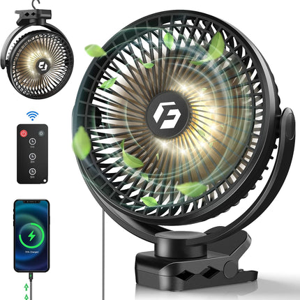 Frizcol 12000Mah 8 Inch Portable Clip On Fan,Battery Operated Camping Fan With Lights And Remote, Usb Fan Small Desk Fan Personal
