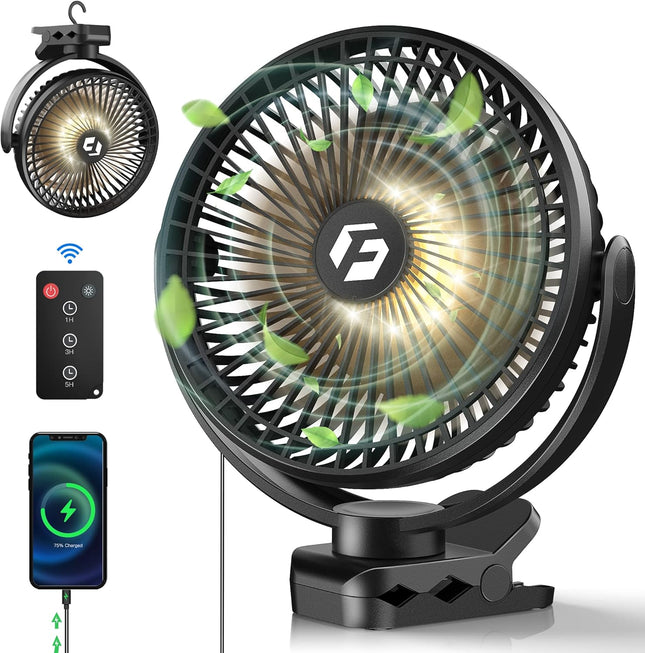 Frizcol 12000Mah 8 Inch Portable Clip On Fan,Battery Operated Camping Fan With Lights And Remote, Usb Fan Small Desk Fan Personal