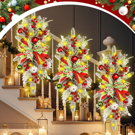 2 Pack Christmas Artificial Swags 24 in Prelit Flocked Xmas Door Stair Swags Teardrop Swag Cordless Christmas Stairway Decoration with LED Lights for Indoor Outdoor (Elf, Red and Green)