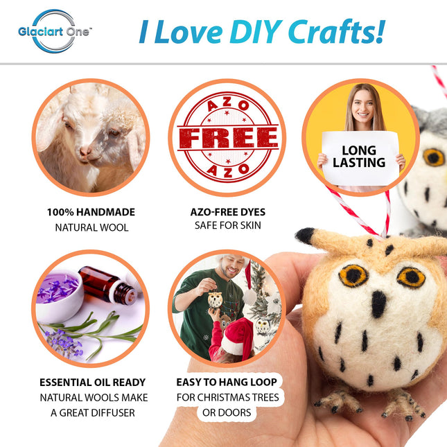 GLACIART ONE Wool Felt Owl Ornaments - 2 pk Cute Christmas Tree Hanging Decor, Standing Accessory for Table, Shelf or Desk, Room Decoration for Kitchen, Bedroom, Nursery Great Idea