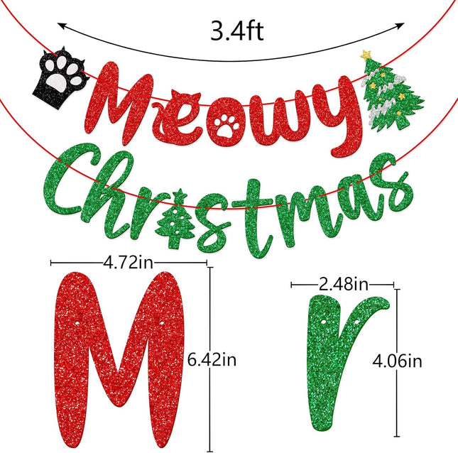 Meowy Christmas Banner, Cat Christmas Decorations, Funny Merry Christmas Banner, Christmas Black Cat Garland, Xmas Christmas Party Supplies, Red Green Black