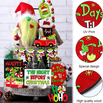 18 Pcs Christmas Tiered Tray Decor Set Lime Green Red Gnome Plush Christmas Wooden Sign Bead Garland Christmas Centerpiece Table Xmas Decorations for Home Farmhouse Holiday Table Indoor Decor