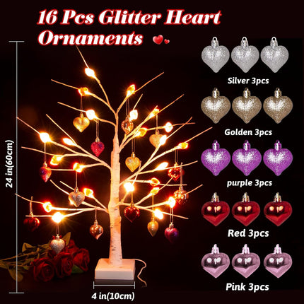 Valentines Day Tree Decorations,2 Pack 24 Inches Lighted Birch Tee with 24 Crystal Heart Shaped 18pcs Heart Ornaments,Valentine's Day Tree for Home,Tabletop,Mantel,Office