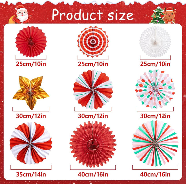 Christmas Hanging Decorations Indoor, Red Gold Peppermint Candy Hanging Christmas Decorations, Hanging Paper Fans, Xmas Wall Décor, Classroom Decorations for Xmas Holiday Ceilings Wall