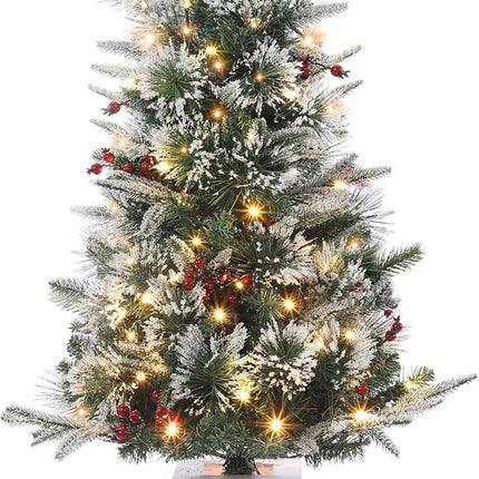 3ft Mini Prelit Premium Snow Flocked Artificial Christmas Tree, Pre-lit Xmas Pine Tree for Christmas Decoration, Party Decoration, Home, Office, White Base
