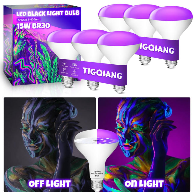 White Casing Black Light Bulbs, Blacklight Bulb 6 Packs, 120W Equivalent, E26 BR30 LED Black Light Bulb 385-400nm for Halloween Christmas Decor, Body Paint, Glow Party, Fluorescent Poster