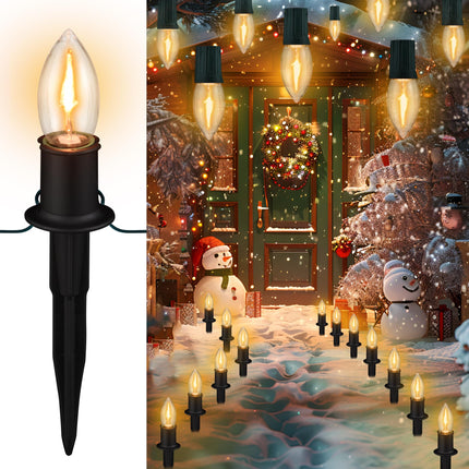 Christmas Pathway LED Lights Outdoor, 20 Lights C9 Walkway Lights with Stakes, 24.2ft Clear Driveway Christmas Lights for Pathway, Warm White, Extendable for Outdoor Decorations