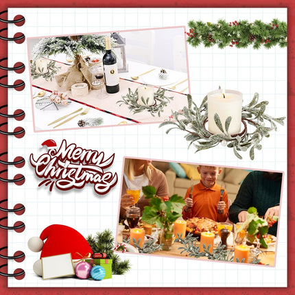 Christmas Mistletoe Candle Rings, 2 Pcs Pillar Candle Rings Wreaths Artificial Mistletoe Wreaths with Pearl Accents Country Primitive Candle Wreath for Winter Holiday Wedding Table Party Decor (White)
