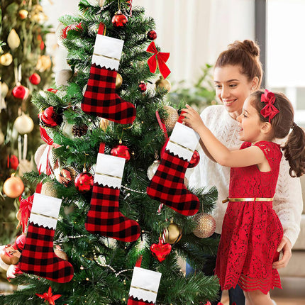 NOVWANG 10 Pack Christmas Stockings, 15.5 Inch Red Black Buffalo Plaid Christmas Stockings Bulk Festive Holiday Decor for Tree, Fireplace, Wreath