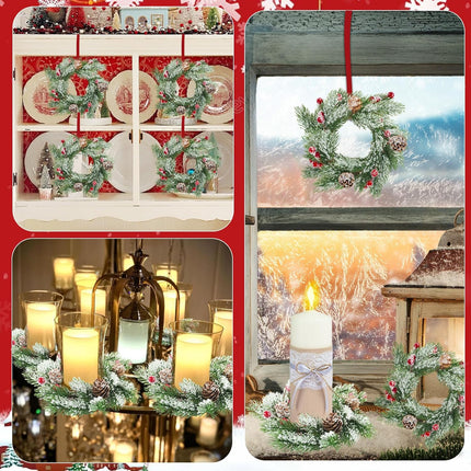 8pcs Christmas Candle Rings Wreaths, 3.1" Artificial Red Berries Candle Rings with Snowy Pine Needles Cones Mini Wreaths for Christmas Table Centerpiece Pillar Cabinets Decorations