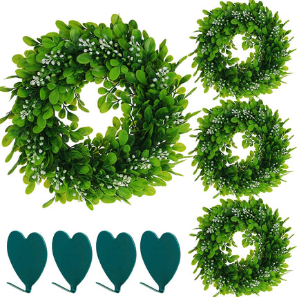 4 Packs Artificial Boxwood Wreaths 12 Inches Faux Greenery Leaves Wreath for Front Doors, Windows, Hanging Wall, Farmhouse, Wedding Party, and Home Decorations