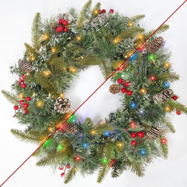 Dual Color Change & 8 Modes - 20'' Christmas Wreaths for Front Door, Pre-Lit Christmas Door Wreath Timer 50 Warm White & Multicolored Lights 12 Snowy Pine Cones 12 Red Berried Xmas Indoor Home Decor