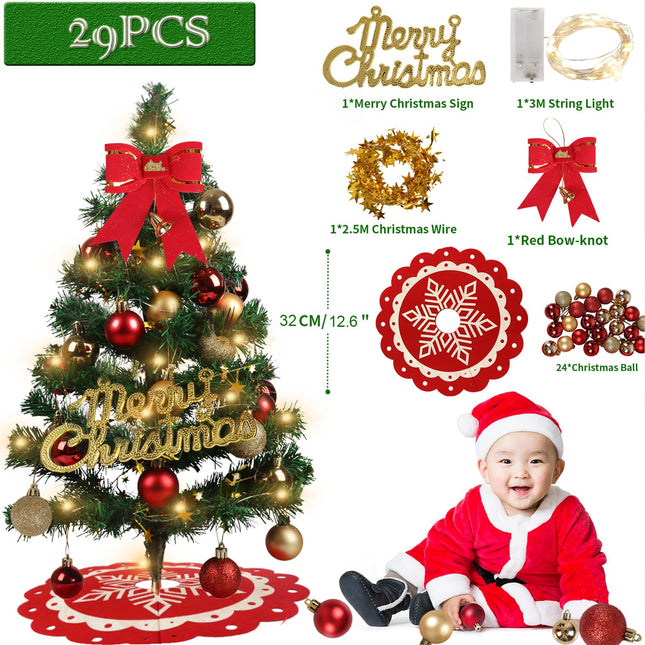 60CM Mini Christmas Tree, Pink Tabletop Christmas Tree Small Xmas Tree with 29 Pieces Ornaments, Small Prelit Christmas Tree with Light for Home, Party DIY Christmas Decorations,Green