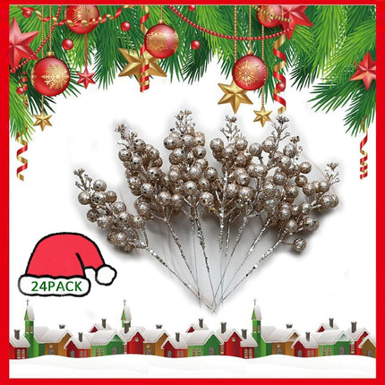 24 Pieces Christmas Glitter Berries Stems Artificial Berry Twig Stem Berry Picks Decorations for Christmas Ornaments, DIY Xmas Wreath, Holiday and Party Decor (Champagne)