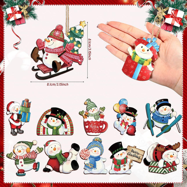 24 Pieces Christmas Winter Snowman Wood Ornaments Vintage Farmhouse Xmas Tree Wood Snowman Hanging Cutouts Hanging Boho Rainbow Decor for Merry Christmas Xmas Winter Holiday Party Decorations