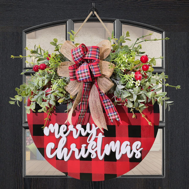 Christmas Decoration Wreath, Front Door Decor, Buffalo Plaid Check Christmas Decor,Rustic Wooden Hanging Sign Decor for Farmhouse Porch Door Window kitchen-12 (Black/RED)