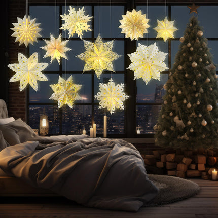 Mudder 10 Pcs Snowflake Paper Lantern Paper Star Lantern with 14 LED Light Paper Lamp Frozen Party Hanging Decoration for Christmas Weddings Year Birthday Holiday Celebration, White