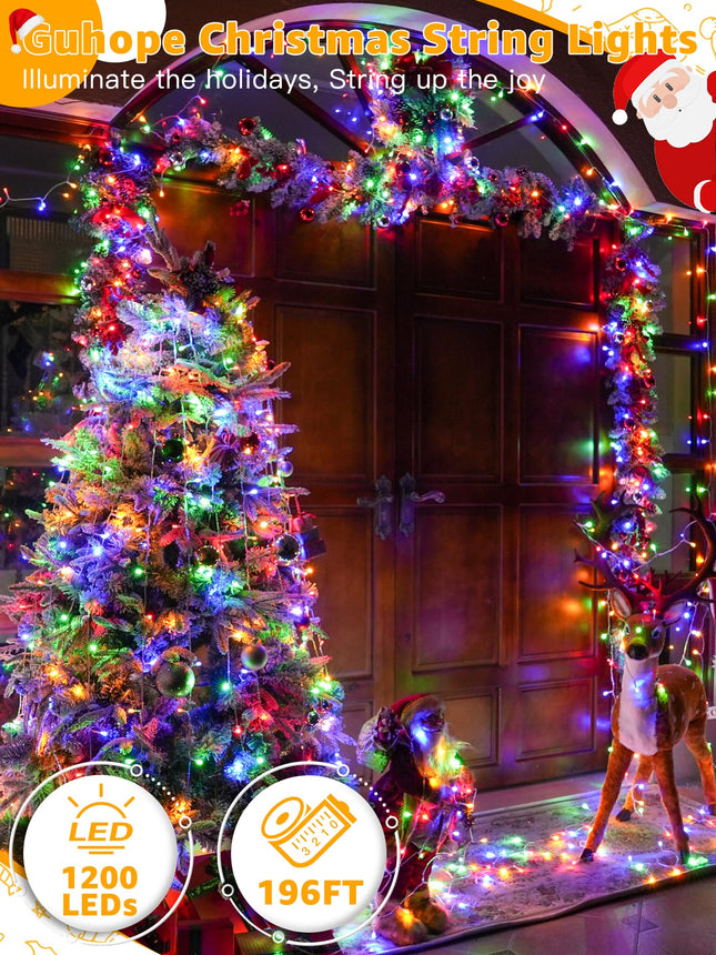 Christmas Lights 1200LED 196FT, Waterproof Outdoor String Lights with Remote and Timer, 8 Modes Dimmable Fairy Lights for Indoor Outdoor Wedding Party Holiday Decorations (Multicolor)