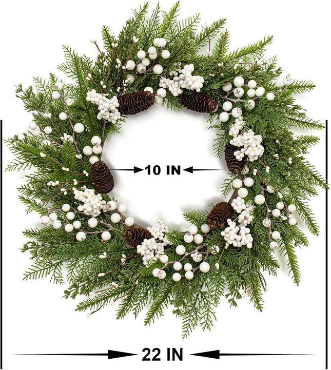 Outdoor Christmas Wreath 22 Inch Winter Wreaths for Front Door Artificial Norfolk Pine Wreath with White Berries and Pine Cones for Xmas Holiday Decoration