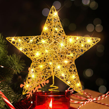 Glittering Gold 24 LED Lights Five-Pointed Star 30cm×25cm Christmas Tree Topper - Perfect for Christmas Tree Decorations