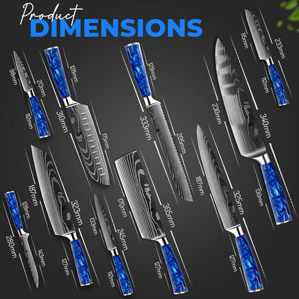 10 Pcs Set Sky Knives Santoku Nakiri Chef Kitchen Knife Blue Handle Stainless Steel