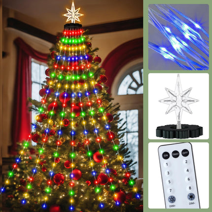 Christmas Tree Lights with Ring 400LED Christmas String Lights with Bethlehem Star Topper 6.6FT x 20 Lines Waterfall Tree Lights 8 Modes & Waterproof Tree Lights for Yard Indoor Outdoor Xmas Decor