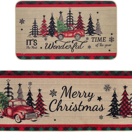 Christmas Kitchen Mats Set of 2, Truck and Tree Plaid Christmas Kitchen Decor Christmas Runner Rug and Mat Set, Low-Profile Kitchen Rugs for Floor(17x29 and 17x47 Inch)