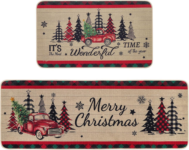 Christmas Kitchen Mats Set of 2, Truck and Tree Plaid Christmas Kitchen Decor Christmas Runner Rug and Mat Set, Low-Profile Kitchen Rugs for Floor(17x29 and 17x47 Inch)
