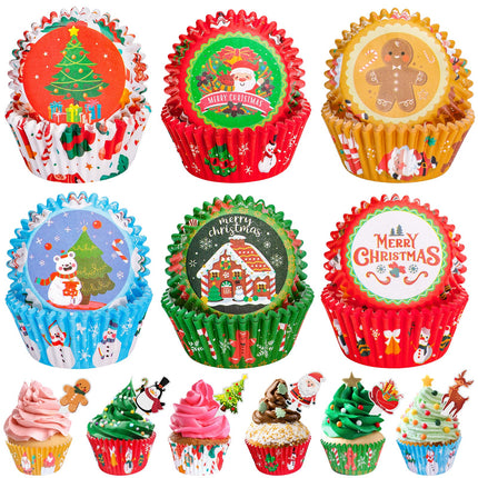 Christmas Cake Liners with Toppers Picks, Standard Wrappers Cake Disposable Baking Cups Muffin Liners for Xmas Holiday Party Favors, Party Decorations for Christmas Baking Supplies