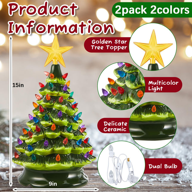 2 Pack 15 Inch Ceramic Christmas Tree, Pre Lit Lighted Tabletop Tree Hand Painted Prelit Xmas Tree Figurine with Multicolored Bulbs for Home Office Table Decoration(Green, White)