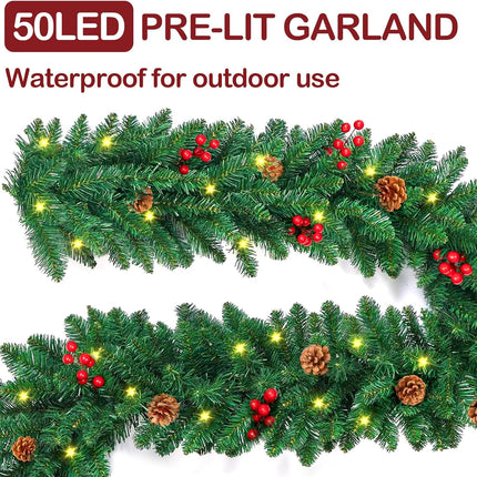 9FT Christmas Garland, Pre-lit Artificial Xmas Garland Decorations Greenery with Berries Cones, Warm White 50 LED Lights, Lighted for Indoor Outdoor Garden Gate Home Winter Holiday Year