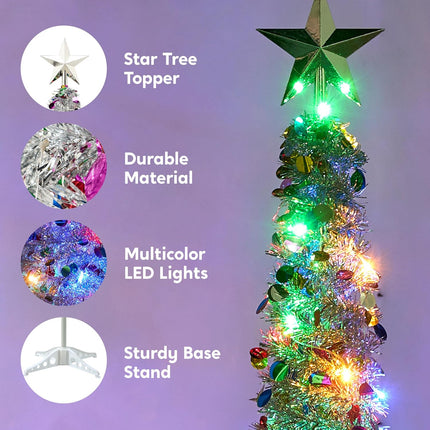 JOIEDOMI 5 Ft Pre-lit Pencil Christmas Tree, Pop up Christmas Tinsel Tree with Lights and Star, Skinny Collapsible Christmas Tree with Timer for Xmas Decorations Indoor Outdoor Holiday Party