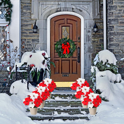 Riceshoot 18 Pcs Christmas Artificial Poinsettia Bushes 18 Inch Faux 5 Heads Poinsettia Bush Bouquets Velvet Artificial Christmas Flowers for Xmas Tree Home Indoor Outdoor Decorations (Red, White)
