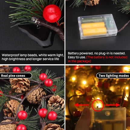 2 PCS Christmas Garland with Lights and Bigger Pine Cones, Led String Lights, Red Berries, Needle, Pine Cone, Xmas Wreath, Christmas Lights for Indoor Decorations, Fireplace, 6.6 FT, 20 Led