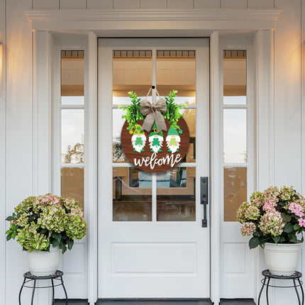 St Patrick Day Welcome Sign for Front Door Décor St Patrick Day Wood Door Wreath with Gnomes Shamrock Burlap Bow Decoration