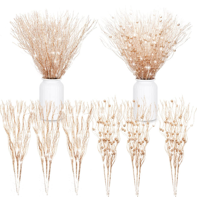 Giegxin 16 Pack Christmas Picks and Sprays, 17 Inches Christmas Berry Stem Branches for Christmas Tree Filler Decorations, Xmas Glittery Twigs Ornaments for Holiday Winter Decor(Rose Gold)