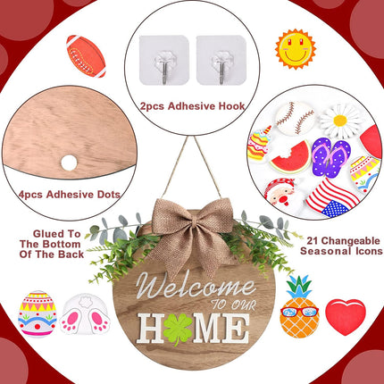 Interchangeable Welcome Home Sign, Seasonal Front Porch Door Decor With 21 Changeable Icons for Halloween /Christmas/Independence Day, Rustic Wood Wreaths Wall Hanger for Housewarming (12in)