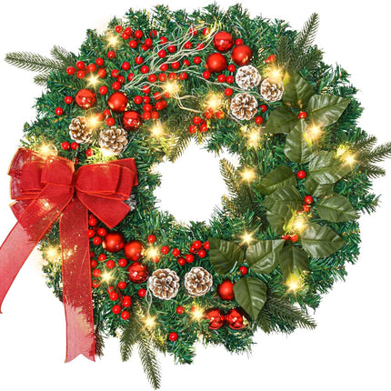 Prelit Christmas Wreath with 50 LED Lights, Large 24In Christmas Wreath for Front Door Wreaths with Berries, Pine Cones, Big Bowtie Pine Branch for Door Fireplace Window Mantle Christmas Decoration