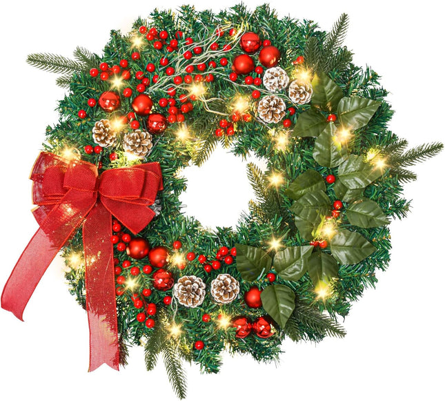 Prelit Christmas Wreath with 50 LED Lights, Large 24In Christmas Wreath for Front Door Wreaths with Berries, Pine Cones, Big Bowtie Pine Branch for Door Fireplace Window Mantle Christmas Decoration