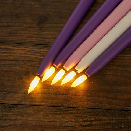 Flameless Advent Candles, Set of 5 - Flickering LED Flame, 11 Inch Taper Candlesticks, Remote Controlled - 3 Purple, 1 Pink, 1 White for Christmas Wreath