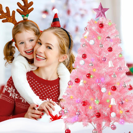 Pink Christma Tree 4 ft,Kids Christmas Tree,4 Ft Christmas Tree with Lights,Pink Christmas Decorations (Balls, Stars, and Ornaments) Small Christmas Tree with Lights 4ft