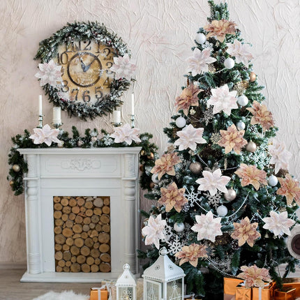 Yunsailing 30 Pcs Poinsettia Christmas Artificial Glitter Flower Xmas Flower Poinsettia for Xmas Tree Artificial Poinsettia Flower for Christmas Tree for Craft Decor (Rose Gold, Silvery White)