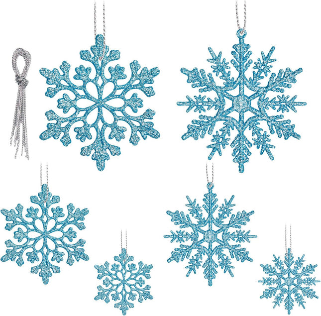 36 Pack Blue Snowflake Ornaments, Christmas Tree Decorations, Plastic Glitter Hanging Snow Flakes for Indoor Winter Christmas Tree Wonderland Decor