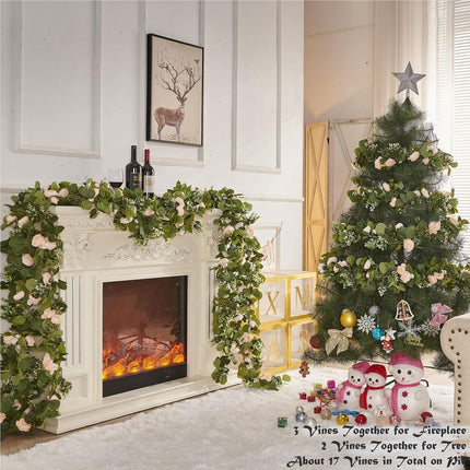 Flower Garland, Artificial Rose Vine Flowers with Green Leaves, Hanging Fake Roses Vine for Room Anniversary Wedding Birthday Christmas Wall Arch Decor, 2 Vines Champagne Floral Garland
