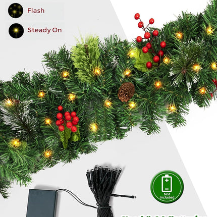 9 FT Christmas Garland with Lights, Battery Operated Garland with 50 LED Lights, Christmas Decoration for Home Stairs Fireplace Front Porch Door Display Indoor Outdoor