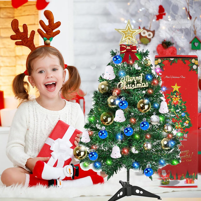 Mini Christmas Tree with Lights,Tabletop Christmas Tree, 2Ft Green Christmas Tree with Boxes for DIY Christmas Decorations(Bells, Christmas Balls,Star) Xmas Home Party Decor