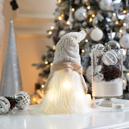 Valery Madelyn Lighted Christmas Tree Topper Gnome with Timer, 16.5 White and Gold Fabric Cute Santa Gnome Tree Topper with LED Lights for Party Ornaments Christmas Decoration Indoor, Battery Operated