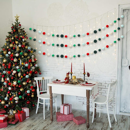 3 Pieces Christmas Felt Balls Garland Wool Pom Pom Garland Ball Banner for Christmas Party Holiday Decoration (Red, White, Green, Lake Green, Dark Green)