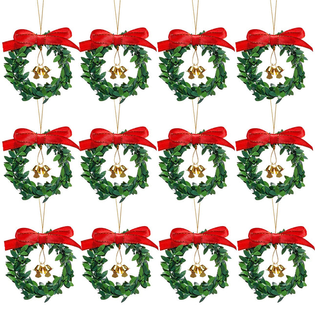 jiebor 12Pcs Mini Christmas Wreaths Small Green Hanging Wreath Christmas Ornament for Winter Holiday Home Outdoor Indoor Fireplace Mantle Window Cabinets Christmas Tree Front Door Decorations 4 Inch