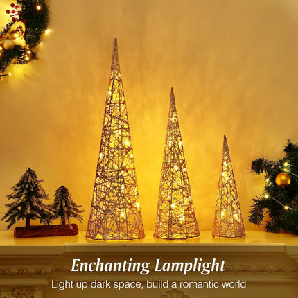 Lewondr Christmas Cone Trees, Set of 3 Christmas Tree with Lights and Glitters(24"/18"/12"), Battery Powered Decorative Winding Thread Outdoor Cone Christmas Tree for Home Holiday Xmas Décor, Gold